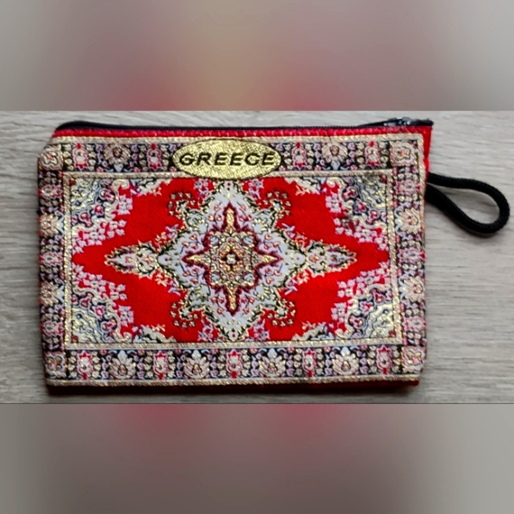 Vintage Greece Coin Purse Tapestry Style Embroidered Lined